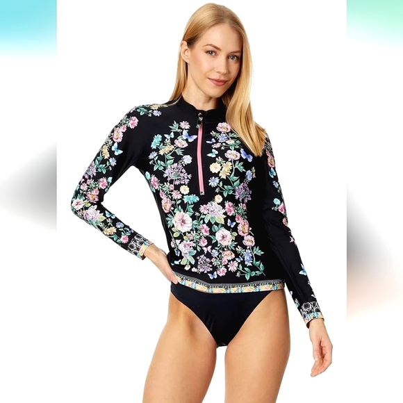Johnny Was Black Floral Butterfly Rashguard Longsleeve Zip Front Surf Swim Top